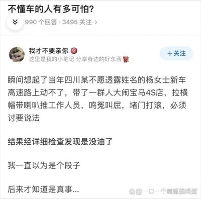 这是一张国内问答平台的回答截图，顶部问题为「不懂车的人有多可怕？」，该问题共有990个回答、3495人关注。答主用户名为「我才不要亲你」，简介为「这里是我的小笔记 分享身边的好东西」。回答内容分享了一则真实事件：四川一名不愿透露姓名的杨女士新买的宝马车在高速路上无法行驶，她带领一众人员到宝马4S店大闹，采取拉横幅、带喇叭、推搡工作人员、堵门打滚等方式讨要说法，经工作人员检查后发现车辆仅仅是没油了。答主表示此前一直以为这是网上的段子，后续才知晓是真实发生的事，截图右下角带有发布者水印。