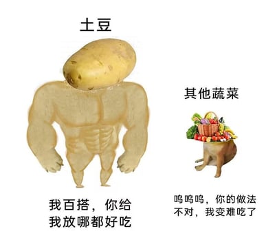 图片左侧是一个拟人化的土豆形象，顶部标注“土豆”，主体是一个肌肉发达的身体顶着一颗完整土豆作为头部，下方配文“我百搭，你给我放哪都好吃”；右侧是一个标注“其他蔬菜”的形象，由一个装满各种蔬菜（西兰花、番茄、香蕉等）的篮子作为头部，身体矮小瘦弱且呈现蹲坐姿态，下方配文“呜呜呜，你的做法不对，我变难吃了”。通过夸张的体型对比和文字内容，幽默地突出土豆在烹饪中的百搭属性，以及其他蔬菜对烹饪方式要求更高的特点。