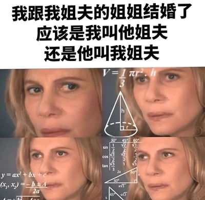 图片上方文字提出一个绕口令式的家庭关系难题：“我跟我姐夫的姐姐结婚了，应该是我叫他姐夫还是他叫我姐夫”。下方由四个相同女性的面部特写组成四宫格，人物表情呈现出极度困惑、眉头紧锁的思考状态，背景分别叠加了圆锥体积公式（V=1/3πr²h）、二次函数公式（y=ax²+bx+c）、三角函数值表等数学内容，通过“面对复杂数学题时的懵逼表情”来类比面对这种亲戚称呼难题时的大脑过载状态，整体营造出幽默搞笑的效果。