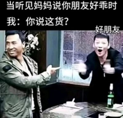 这是一张改编自电影《扫毒》片段的搞笑梗图，描绘了极具共鸣的日常场景：当妈妈夸奖自己的朋友很乖巧时，“我”露出不敢置信的神情，用手指着朋友脱口而出“你说这货？”，而平时和自己疯玩的朋友则慌张地做出阻止动作，精准还原了朋友在家长面前和在自己面前的“两面派”状态，通过强烈的反差感制造出搞笑效果，引发网友对类似经历的共鸣。