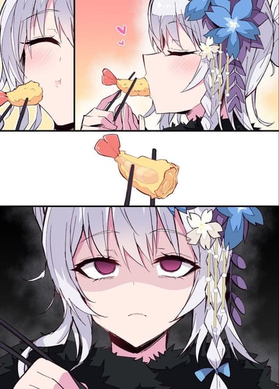 三格连环漫画描绘了银发少女品尝天妇罗的温馨场景。第一格中，少女闭着眼睛，脸颊微红，正用筷子夹着天妇罗送入口中，表情满足；第二格背景变为暖橙色，少女头发上戴着蓝色花朵头饰，周围有粉色爱心图案，同样闭眼品尝，害羞心动的模样更显可爱；第三格特写天妇罗，随后镜头转回少女，她表情转为严肃，眼神略带复杂，形成情绪反差。整体风格为日系动漫风，色彩柔和，突出少女的细腻情感变化。