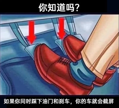 这是一张无厘头风格的卡通搞笑梗图，画面上方配有文字“你知道吗？”引出内容，中间部分是一双穿着红色皮鞋、蓝色袜子的脚，同时踩在汽车的油门和刹车踏板上，红色箭头明确指向两个被踩下的踏板，画面下方配文“如果你同时踩下油门和刹车，你的车就会截屏”。该图运用了谐音梗，将车辆同时踩油门刹车时的紧急状态谐音成电子设备的“截屏”操作，制造出荒诞搞笑的效果，用来调侃汽车操作的趣味段子。