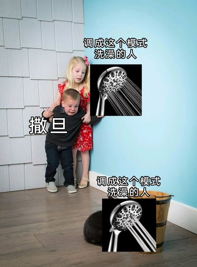 这是一张用于日常吐槽的搞笑梗图，通过改编国外儿童的生活照片，结合两种不同出水模式的淋浴喷头图片，夸张地表现人们对不同淋浴体验的感受。上方的淋浴喷头是密集强劲的出水模式，配文“调成这个模式洗澡的人”，旁边崩溃大哭的小男孩被标注为“撒旦”，暗示这种强劲水流的淋浴模式像“恶魔”一样让人难以忍受；下方是集中柔和的几股水流模式，配文“调成这个模式洗澡的人”，与上方的恐惧状态形成反差，用夸张的神态和标注来调侃日常洗澡时不同喷头模式带来的不同体验，引发有类似经历的人的共鸣。