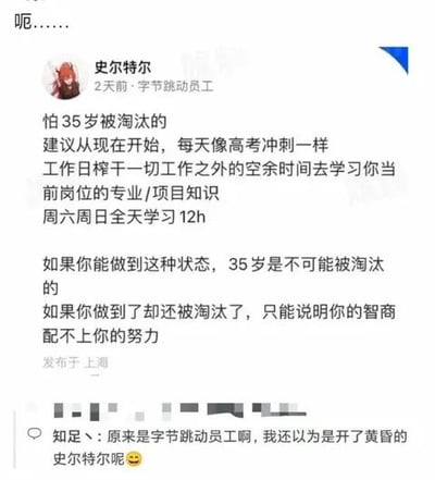 这是一张社交媒体平台的帖子截图，发布者头像是手游《明日方舟》中的角色史尔特尔，账号标注为字节跳动员工，发布地点为上海。发布者针对互联网行业的35岁职场危机发表观点：想要避免35岁被淘汰，需要像高考冲刺一样，工作日榨干所有空余时间学习岗位知识，周末全天学习12小时，做到这种程度就不会被淘汰，若做到仍被淘汰则是智商配不上努力。下方有一条评论玩了双关梗：“原来是字节跳动员工啊，我还以为是开了黄昏的史尔特尔呢😆”，这里的“黄昏”是史尔特尔在《明日方舟》中的强力技能，评论调侃头像让自己误以为是游戏里开启技能的角色，而非字节跳动的员工。