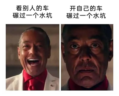 这是一张左右分栏的反差梗图，左侧展示了美剧《绝命毒师》中的角色古斯塔沃·弗林（炸鸡叔）开怀大笑、兴奋狂喜的表情，上方配文“看别人的车碾过一个水坑”，精准表现出旁观者看到他人车辆碾水坑时幸灾乐祸的心态；右侧则是同一角色眼神惊恐、神情凝重的表情，上方配文“开自己的车碾过一个水坑”，生动呈现出自己面对这种情况时，担心车辆受损的肉疼与焦虑。图中用同一角色的两种极端反差表情，巧妙调侃了人们面对他人遭遇和自身遭遇时的双标心态，贴合日常场景，充满趣味性与共鸣感。