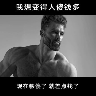 这是一张用于自嘲调侃的搞笑梗图，整体采用上下黑边配文字、中间为主体图像的布局。中间是黑白呈现的欧美健硕肌肉男（Giga Chad梗图原型），他赤裸上身，侧身展示出清晰的肌肉线条，表情严肃冷峻，眼神看向侧方。上方黑边文字为“我想变得人傻钱多”，下方黑边文字为“现在够傻了 就差点钱了”，通过幽默自嘲的方式调侃自身经济状况，用猛男的严肃硬核形象和接地气的搞笑自嘲文字形成强烈反差，制造出荒诞的喜剧效果，很适合在社交平台用来表达对财富的调侃式渴望。