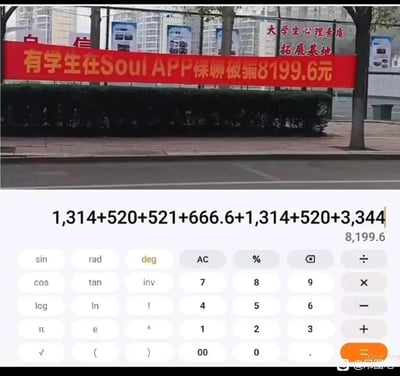 这是一张上下拼接的反诈警示图，上半部分是大学校园内的红色横幅，明确标注“有学生在Soul APP裸聊被骗8199.6元”，背景可见“大学生心理素质拓展基地”的字样，属于校园官方的反诈提醒；下半部分是手机计算器界面，展示了被骗金额的构成：将1314（一生一世）、520（我爱你）、521（我爱你）、666.6、3344（生生世世）这些带有浪漫表白寓意的数字相加，最终总和恰好是8199.6元，直观揭露了骗子利用年轻人对浪漫数字的情感认同，以类似“表白转账”的名义实施诈骗的套路，警示性极强。