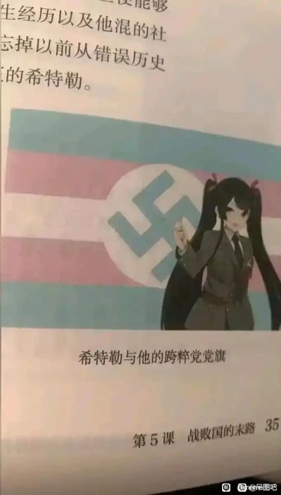 这是一张模仿历史教材页面的恶搞类P图，页面上方残留有提及希特勒的文字片段，中间的配图将纳粹党党旗的底色替换为跨性别群体旗帜的粉、白、蓝三色，同时搭配了一个身着纳粹风格军装的仿初音未来二次元双马尾女性形象；配图下方的文字故意将“纳粹党”谐音改写为“跨粹党”，标注为“希特勒与他的跨粹党党旗”；页面底部显示该内容属于“第5课 战败国的末路”的第35页。整体通过谐音梗、图像元素拼接的方式，将历史元素、二次元元素、少数群体标识结合，制造出荒诞的网络玩梗效果。