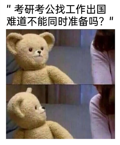 这是一张由上下两格拼接而成的图文梗图，上方配有文字“考研考公找工作出国难道不能同时准备吗？”。第一格中，一只毛绒泰迪熊正严肃地看向画面右侧的人，仿佛在接收这个让人为难的问题；第二格中，泰迪熊低下头，姿态消沉，神情低落，生动地还原了当代毕业生被要求同时准备多种升学、求职、出国路径时，那种无力、焦虑、被压力压得喘不过气的心态，精准戳中了毕业生在人生岔路口面临多重选择压力的普遍痛点，引发共鸣。