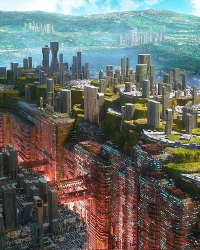 这是一幅充满未来感的都市全景图，画面中展示了一座高度发达的绿色科技都市。城市中遍布高耸入云的现代化摩天大楼，建筑顶部和平台上覆盖着茂密的绿色植被，实现了自然与科技的完美融合。远景是连绵起伏的青山和朦胧的城市轮廓，近景则是结构复杂、带有红色与蓝色灯光效果的低层建筑群，整体呈现出强烈的科幻氛围与生态和谐的视觉冲击。画面构图层次分明，色彩丰富，从蓝天绿地到科技感十足的建筑细节，展现了一个理想中的未来都市景象。
