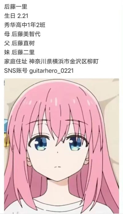 这是一张二次元角色信息卡，采用图文混排的竖屏格式，上方用文字列出了《孤独摇滚！》中角色后藤一里的详细官方设定：生日2月21日，就读于秀华高中1年2班，家庭成员包括母亲后藤美智代、父亲后藤直树、妹妹后藤二里，家庭住址位于神奈川县横滨市金泽区柳町，SNS账号为guitarhero_0221；下方是后藤一里的动画截图，她有着标志性的粉色长发和蓝眼睛，表情平静呆滞，是作品中因严重社恐被粉丝称为“波奇酱”的核心角色。