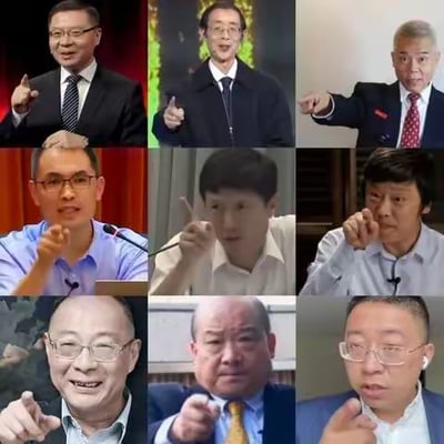 这是一张九宫格形式的多图拼接静态图，图中包含九位在网络上拥有较高知名度的学者，每位学者都做出了伸出手指指向前方的动作，这些画面均截取自他们的演讲、访谈等公开场合。这类图片常被网友用作表达强调观点、不容置疑态度的配图或梗图素材，图中没有双关、谐音梗等内容。