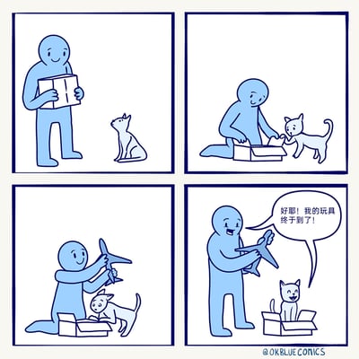 这是一组四格连环卡通漫画，描绘了温馨有趣的拆箱日常：第一格中蓝色小人拿着快递盒，一旁的猫咪好奇抬头张望；第二格小人拆开快递盒，猫咪凑上前好奇查看；第三格小人从盒中拿出飞机玩具开心把玩，猫咪则钻进盒子里探索；第四格小人举着飞机玩具十分开心，而坐在盒子里的猫咪兴奋地喊出“好耶！我的玩具终于到了！”，原来猫咪把快递盒当成了自己的新玩具，和主人各得其乐，充满治愈感与小趣味。
