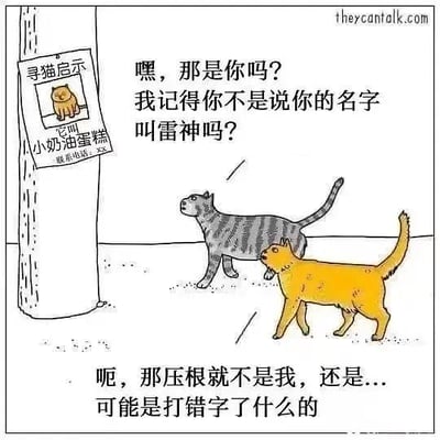 一幅卡通漫画，描绘了两只猫咪的有趣对话场景。一只灰色猫咪指着电线杆上的寻猫启示问黄色猫咪："嘿，那是你吗? 我记得你不是说你的名字叫雷神吗?"，而启示上明明写着失踪猫咪名叫"小奶油蛋糕"。黄色猫咪心虚地辩解："呃，那压根就不是我，还是...可能是打错字了什么的"。通过猫咪之间的对话幽默地展现了名字乌龙的尴尬场景。