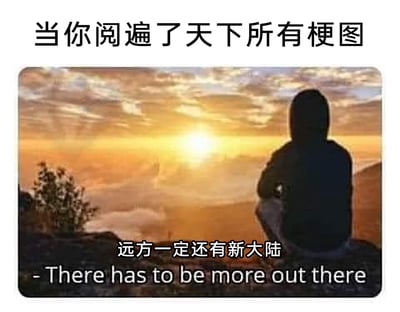 这是一张经过网友二次创作的顶配底文梗图，画面主体是一张真人拍摄的风景照：一个穿着连帽衫的人蹲在山顶的岩石上，以剪影的形式背对着镜头，眺望远方翻涌的云海与正在升起的朝阳，整体氛围充满了向往与探索感。图片上方添加了中文配文“当你阅遍了天下所有梗图”，画面下方添加了中文配文“远方一定还有新大陆”以及对应的英文翻译“- There has to be more out there”，将梗图爱好者在浏览了大量网络梗图后，依然执着地相信还有未被发现的新梗的心态，类比为探险家坚信远方有新大陆的心境，用励志的画面玩梗，精准戳中了沉迷网络梗图的网友的趣味心理。