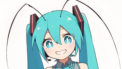这是一幅虚拟歌手初音未来的趣味同人创作图，保留了初音标志性的青蓝色双马尾与黑红配色耳机发饰，创作者在她的头顶添加了类似蚂蚁的触角，将原本的虚拟偶像形象进行软萌改造。角色面带元气满满的笑容，画风清新明快，整体氛围可爱治愈，没有谐音或双关类的梗，属于ACG爱好者的脑洞创作。