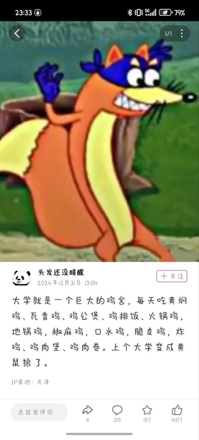 这是一张小红书平台的图文梗图，用户「头发还没睡醒」发布内容吐槽大学食堂里的餐品几乎全是鸡肉相关，包括黄焖鸡、瓦香鸡、鸡公煲等十余种鸡类饭菜，自嘲上大学天天吃鸡，就像吃鸡的黄鼠狼一样，配上了动画里黄鼠狼的截图，形象又搞笑。
双关梗：利用黄鼠狼吃鸡的固有印象，对应自己天天吃各种鸡类餐食的校园生活，自嘲变成了黄鼠狼，贴合感拉满。