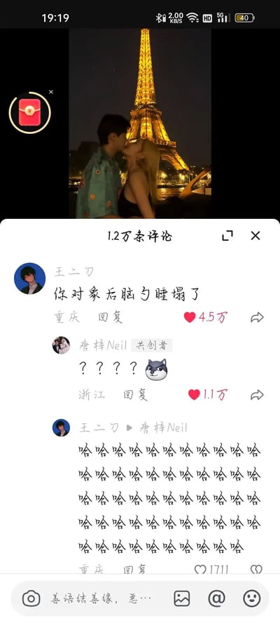 这张梗图上半部分为一对情侣在夜晚闪耀的巴黎埃菲尔铁塔前接吻，下半部分是抖音的评论区截图。主评论者用“你对泰后脑勺睡懵了”这样谐音和脑洞结合的方式，恶搞了浪漫场景，令网友哭笑不得。跟评内容以“？？？”和狗头表情表达懵圈，楼主随后大笑刷屏形成二次互动烘托出社交网络上的欢乐氛围。

此图兼具甜蜜与神转折搞笑，暗含了“太后/泰后”双关和表情包文化的网络恶搞。