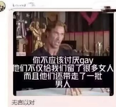 这是一张经过二次创作的影视截图，画面取自电影《美国精神病人》，图中男性角色神态严肃，下方配有网友创作的搞笑字幕：“你不应该讨厌gay，他们不仅给我们留了很多女人，而且他们还带走了一批男人”，图片底部还有“无言以对”的文字。该内容以一种接地气的另类逻辑，消解对性少数群体的偏见，用搞笑的方式表达没必要讨厌gay的观点，这种神逻辑让人觉得滑稽又无法反驳，属于网络上流行的搞笑梗图。