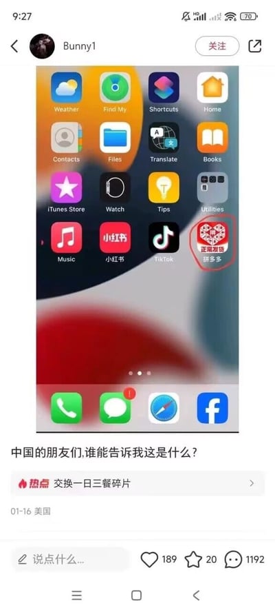 这是一张来自小红书类社交平台的截图，发布者是名为Bunny1的海外用户，发布地为美国，发布时间为01-16。截图上方展示了该用户的iPhone手机主屏幕界面，屏幕中包含Weather、Find My、小红书、TikTok、Facebook等多款国内外应用，其中位于屏幕右侧偏下位置的拼多多应用图标被红色圆圈重点标注，图标上带有“正常发货”的字样。屏幕下方是发布者的配文：“中国的朋友们,谁能告诉我这是什么?”，该动态获得了189个点赞、20个收藏以及1192条评论，还关联了热点标签“交换一日三餐碎片”。发布者因为不认识中国电商平台拼多多的应用图标，所以发布这条动态向中国网友求助。