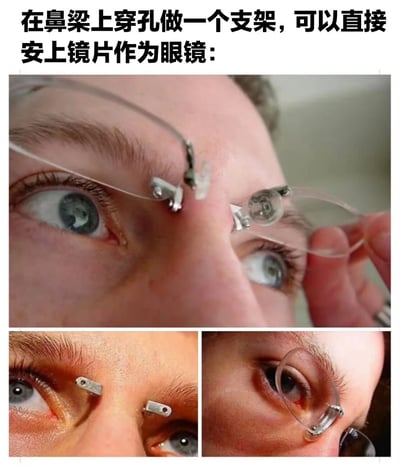 图片展示了一种创意眼镜设计概念，通过在鼻梁上穿孔安装金属支架来固定眼镜镜片。上方配有文字说明：'在鼻梁上穿孔做一个支架，可以直接安上镜片作为眼镜:'。图片由一张主图和两张细节图组成，展示了不同角度下这种另类眼镜的佩戴效果。画面中的人物眼睛睁大，似乎在展示这种前卫的配饰。