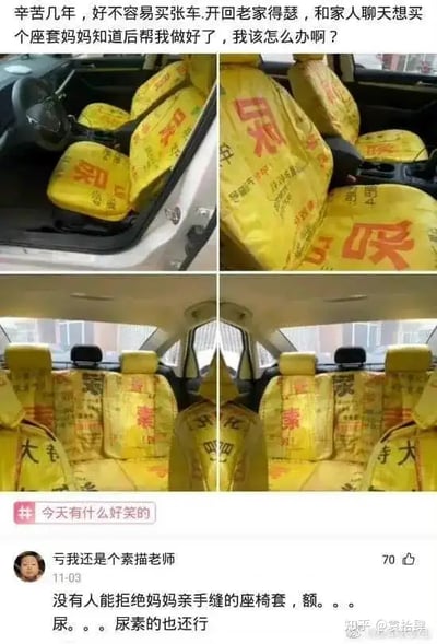图片展示一辆新车，座位上都被妈妈用黄色尿素肥料袋手工缝制的座椅套覆盖。配文吐槽辛苦买车结果被妈妈这样“保护”座椅，评论区网友调侃没人能拒绝妈妈的亲手之作，哪怕是尿素袋风格。整体充满搞笑、无奈和温情。尿素这一元素还引起网友对于气味和环保的双重联想，有“土味亲情”双关意味。