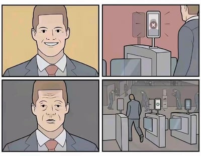这是一组四格连环卡通漫画，描绘了一位西装革履的职场男子的荒诞经历：第一格中男子面带标准的职业假笑，神态看起来精神饱满；第二格他走到人脸识别闸机前，闸机屏幕显示识别失败（出现叉号标识）；第三格男子的表情瞬间转变，变得疲惫不堪、愁眉苦脸，神态憔悴落寞；第四格他走到另一组闸机前，这次人脸识别成功通过（出现对勾标识），而周围的其他职场人也都是一脸疲惫麻木的样子，只有这种状态才能通过闸机。漫画通过夸张的反差设定，讽刺了当下职场对人精神状态的消耗，仿佛只有带着疲惫、麻木的神情，才符合“合格”职场人的“标准”，引发职场群体的共鸣。