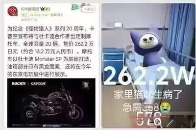 这是一张左右拼接的玩梗创作图，左侧是微博账号@IGN编辑部发布的资讯内容：为纪念《怪物猎人》系列20周年，卡普空与杜卡迪合作推出定制联名摩托车，全球限量20辆，售价262.2万日元（约合13.2万元人民币），该摩托车以杜卡迪Monster SP为基础打造，油箱印有《怪物猎人》中的黑龙图案，还将在东京电玩展中展示；右侧是网友P图改编的内容，将《怪物猎人》中的经典角色艾露猫P在医院病床上，配文“262.2W 家里猫咪生病了 急需58”，玩了一个结合资讯的梗，把联名摩托的售价调侃成“生病的艾露猫需要的巨额医药费”，用游戏里的艾露猫对应“家里猫咪”，制造出一种“为了救猫要花天价”的搞笑反差，其中“急需58”和262.2万的巨额数字形成强烈反差，进一步增强调侃效果。
