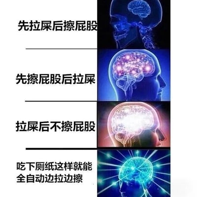 图片为左右对比的四格图文混排内容，左侧为不同如厕习惯的文字描述，右侧对应不同亮度的大脑扫描图像。从上到下依次为：1. '先拉屎后擦屁股'配普通蓝色大脑图；2. '先擦屁股后拉屎'配亮紫色活跃大脑图；3. '拉屎后不擦屁股'配白色高亮大脑图；4. '吃下厕纸这样就能全自动边拉边擦'配带放射光效的蓝色大脑图。通过夸张的大脑活跃度对比，幽默调侃荒诞的如厕逻辑。