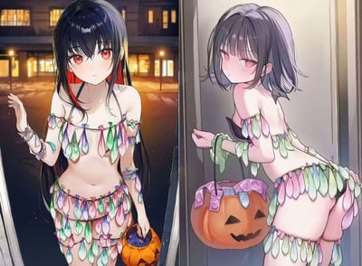 左右对比的动漫插画，左侧是一位黑发红瞳少女，身着彩色叶片装饰的比基尼式服装，手持南瓜桶站在夜晚的街道背景前，表情冷峻；右侧是一位灰发粉瞳少女，穿着相似风格的服装，侧身站立，表情娇羞，手持装饰有紫色缎带的南瓜桶。两张插画均展现了万圣节主题的动漫少女形象，风格统一但人物气质和场景氛围不同。