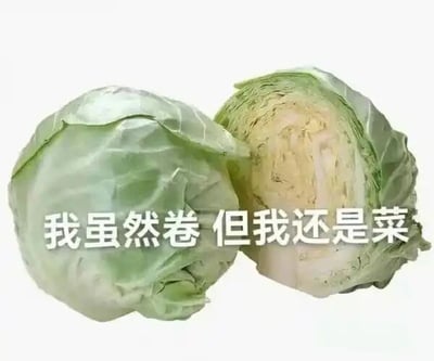 这是一张文字加注的左右对比静态图，图中展示了两颗卷心菜，左侧是完整的卷心菜，右侧是被切开的卷心菜，能看到内部层层卷曲的结构。图中配有文字“我虽然卷 但我还是菜”，这句话运用了双关梗：“卷”一方面对应卷心菜本身层层卷曲的形态，另一方面指代当下的“内卷”现象；“菜”一方面指卷心菜本身是蔬菜，另一方面是网络用语中“能力不足、实力弱”的意思，整体是打工人用来自嘲身处内卷环境中，自己依然能力平庸的情绪表达。