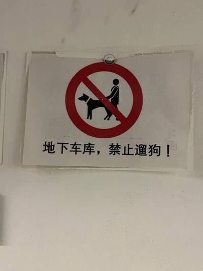 图片展示了一张张贴在白色墙面上的禁止标识牌，场景疑似地下车库。标识牌主体为白色背景，上方是红色圆形禁止标志，内部有黑色剪影图案：一名站立的人与一只被牵引的狗，图案被一条红色斜杠贯穿表示禁止。标志下方配有黑色加粗中文文字“地下车库，禁止遛狗！”。标识牌通过顶部金属夹子固定，墙面存在少量细微污渍和划痕，整体呈现出公共场所常见的管理规定公示场景。