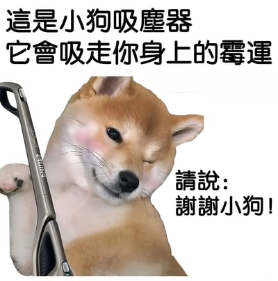 图片中是一只表情可爱的柴犬，它手持一个吸尘器，脸上带着微笑和红晕。图片上方文字写着“這是小狗吸塵器 它會吸走你身上的霉運”，下方文字写着“請說：謝謝小狗！”。这是一张幽默的梗图，通过将小狗与吸尘器结合，创造出一个能吸走霉运的“小狗吸尘器”概念，带有祝福和娱乐的意味。