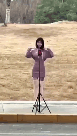这是一个趣味视觉错位动态图，画面中一位身着紫色连衣裙的女生站在户外的麦克风支架后方，借助支架的遮挡，从拍摄角度看去仿佛女生只有上半身，女生还抬手做出动作，让这个奇特的视觉错觉效果更具趣味性，整体画面轻松搞笑，充满创意。