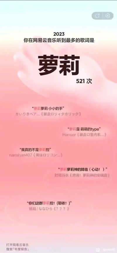 这是一张模仿网易云音乐年度报告样式制作的趣味整活图片，整体采用粉色柔和色调，核心内容为2023年用户在网易云音乐中听到最多的歌词是“萝莉”，累计达521次，这个数字谐音“我爱你”，和主题形成趣味呼应。图片还列出了多首包含该歌词的二次元相关歌曲，如かいりきベア的《暴走ロリィタホリック》、Hanser的《暴走口室内系...》等，歌词内容多围绕“萝莉”“萝莉控”展开，充满二次元调侃趣味。