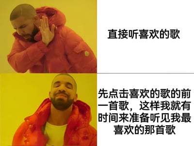 图片为左右对比的两排两列布局，左侧上下两张均为穿着红色羽绒服的Drake在黄色背景前的不同表情动作：上图中Drake低头抬手做拒绝手势，对应右侧文字“直接听喜欢的歌”；下图中Drake仰头闭眼面露享受，对应右侧文字“先点击喜欢的歌的前一首歌，这样我就有时间来准备听见我最喜欢的那首歌”。通过Drake的经典表情包模板，幽默对比了两种听喜欢歌曲的不同方式，后者展现了一种略带仪式感的准备行为。