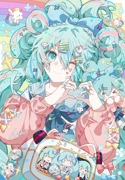 这是一幅色彩明亮甜美的原创同人插画，主体是虚拟歌手初音未来：她有着标志性的薄荷绿双马尾，扎着大蝴蝶结，头发上装饰着爱心、星星等多样造型的可爱发夹，单眼眨眼，面带温柔笑意，双手比出爱心手势。她身着粉色外套搭配水手服，周围环绕着Q版初音形象、独角兽小玩偶、装满初音主题周边的包包等元素，画面点缀着星星、彩虹、小卡通图案，整体风格充满少女感，细节丰富，画风活泼治愈，传递出满满的可爱氛围。