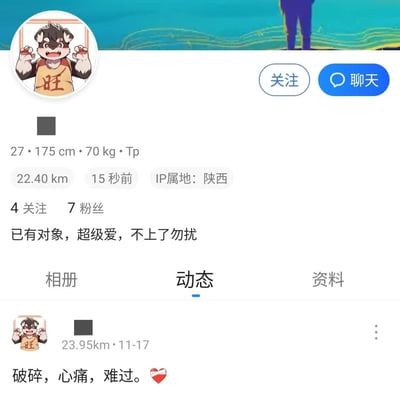 这是一张社交媒体个人主页的截图，页面顶部有一个圆形卡通头像，头像中是一只穿着黄色背心的狼/狗形象，背心上有红色“旺”字，角色表情愤怒并举起双拳。头像右侧有“关注”和“聊天”两个按钮，分别为白色边框蓝字和蓝色底色白字带气泡图标。个人信息区域显示“27·175 cm·70 kg·Tp”，以及距离“22.40 km”、发布时间“15 秒前”和IP属地“陕西”。关注数为4，粉丝数为7，个人状态为“已有对象，超级爱，不上了勿扰”。页面中部有“相册”“动态”“资料”三个标签，当前选中“动态”标签，下方显示一条发布于“23.95km · 11-17”的动态，内容为“破碎，心痛，难过。”并配有红色爱心 emoji，动态左侧有相同的卡通头像和一个灰色图片占位符。