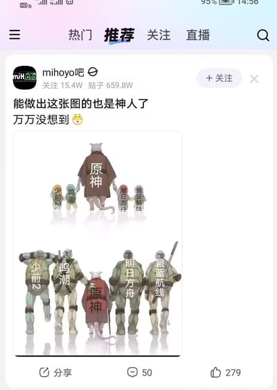 这是一张上下对比的二次创作梗图，改编自《忍者神龟》的经典师徒形象。上方画面中，穿着印有“原神”字样长袍的斯普林特（忍者神龟的师父）牵着四个分别标注“少前2”“鸣潮”“明日方舟”“碧蓝航线”的小角色，呈现出长辈带领晚辈的姿态；下方画面则完全反转，四个标注游戏名称的角色变成了身形壮硕的忍者神龟，而“原神”则变成了拄着拐杖的老年斯普林特，被四个“壮汉”簇拥着。这张图用辈分反转的趣味方式，调侃原神在玩家社群中的地位变化，以及这些热门手游玩家群体间的趣味互动。