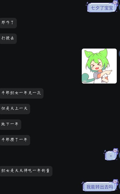 这是一张关于七夕节的搞笑梗图，采用聊天对话的形式呈现。图中通过对牛郎织女传说的幽默改编，提出了一个有趣的观点：由于"天上一天，地下一年"的时间差异，牛郎在人间攒了一年的东西，织女在天上却需要每天吃一年的量。图中右侧有一个绿发猫耳的卡通女孩形象，她闭着眼睛，嘴角上扬，露出开心的笑容，右手伸出指向左侧的对话内容。整个图片以黑色为背景，对话文字采用灰色气泡框显示，顶部和底部有蓝色的特殊文字框。