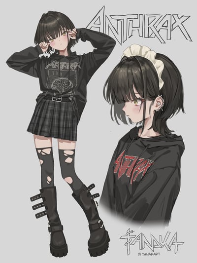 动漫风格插画，展示一位黑发黄瞳少女的两种造型。左侧为全身像：身着印有'ANTHRAX'和大脑图案的黑色连帽衫、黑色格子裙、破洞过膝袜及厚底靴，双手扶额摆出俏皮姿势，脸颊微红；右侧为侧脸特写：佩戴白色女仆发带，头发扎成单侧马尾，耳朵戴有多个耳钉，同样穿着黑色连帽衫。画面顶部有'ANTHRAX'艺术字，右下角标注'TANAKA'及'#TANAKART'水印。整体风格融合朋克与少女感，构图清晰。