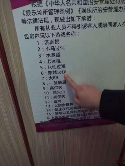 这是一张娱乐场所（如KTV、商务会所）张贴的合规承诺告示，开头标注依据相关治安、娱乐场所管理法规，承诺从业人员不得诱导或陪同客人在包房内玩一系列以日常事物命名的低俗暗示类游戏，列出的游戏包括洗面奶、小马过河、水煮蛋、老冰棍、八仙过海、穿越火线、大69、一脸懵逼、高尔夫、萤火虫、遛鸟、火烧金箍棒等，最后还补充禁止脱衣类及其他色情游戏，违反承诺愿承担责任。

这些游戏名称均为低俗色情游戏的行业暗语，通过日常词汇的谐音、动作联想来隐晦指代违规的色情互动内容，例如“大69”直接是低俗数字梗，其他名称也都对应着低俗的互动形式，用普通词汇包装违规内容以规避监管。
