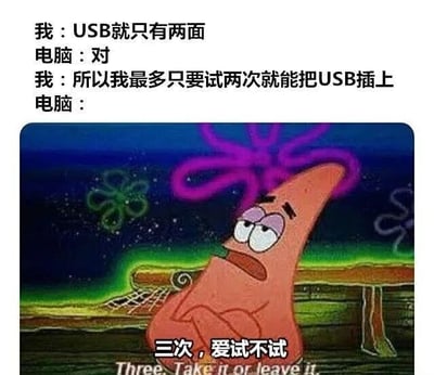 这是一张幽默梗图，上方文字展示了一段对话：“我”认为USB只有两面，所以最多试两次就能插上，而“电脑”的回应则通过下方派大星的形象呈现——派大星双臂交叉，表情困惑又带点无奈，下方配文“三次，爱试不试”（英文翻译“Three. Take it or leave it.”）。图片巧妙结合了人们日常插USB时明明只有两面却常常需要试多次的真实经历，用派大星的经典形象制造反差笑点。