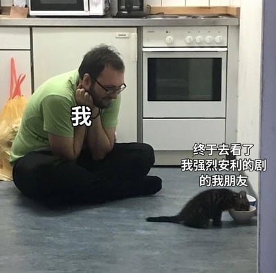 图片中一名穿着绿色T恤的男子坐在厨房地板上，双手托腮，满怀期待地注视着一只正在低头进食的小猫。男子上方配有文字“我”，小猫旁边配有文字“终于去看了我强烈安利的剧的我朋友”。这张图通过生动的对比，幽默地展现了推荐者满怀期待，而被推荐者却反应平淡的有趣场景，非常形象地描绘了日常生活中推荐事物后的常见状态。