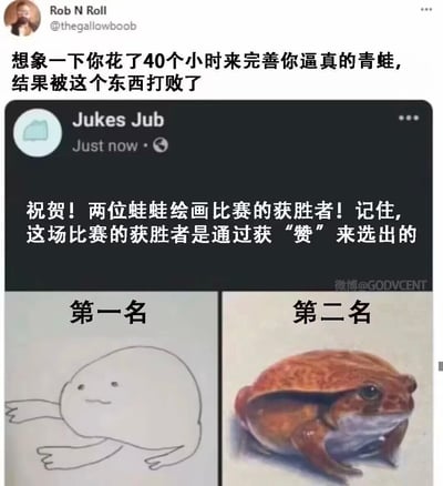 这是一张经过拼接和文字加注的社交平台内容截图，整体分为三个部分：顶部是Twitter用户Rob N Roll的评论，吐槽有人花费40小时创作的逼真青蛙画作，最终在绘画比赛中输给了简笔画；中间是赛事发起者Jukes Jub发布的结果通知，明确这场蛙蛙绘画比赛的获胜者是通过获得点赞数选出的；下方是左右对比的两幅作品，左侧标注为第一名的是线条极简、画风魔性的简笔画青蛙，右侧标注为第二名的是细节丰富、写实逼真的青蛙画作。两者的画风和投入精力形成强烈反差，凸显出社交平台点赞评选规则下的反常识结果，制造出荒诞搞笑的效果。