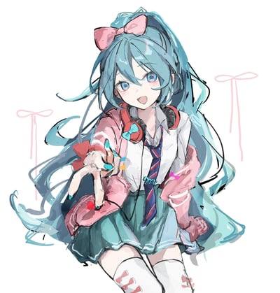 这是一幅风格随性洒脱的手绘同人插画，主体是知名虚拟歌手初音未来：她有着标志性的蓝绿色长双马尾，头顶系着醒目的粉色大蝴蝶结，身穿白衬衫、蓝绿百褶裙的校园风服饰，外搭宽松的粉色开衫，脖子上挂着带有蓝色蝴蝶结装饰的红黑耳机，白色长袜上还有红色图案点缀。她睁着明亮的蓝色眼眸，嘴巴张开，露出元气满满的兴奋表情，右手向前伸出，做出仿佛要和观看者互动的动作，指尖还有彩色的光点特效。背景是简洁的纯白色，仅点缀了两处粉色的蝴蝶结线条装饰，整体画面充满青春感，氛围活泼可爱。
