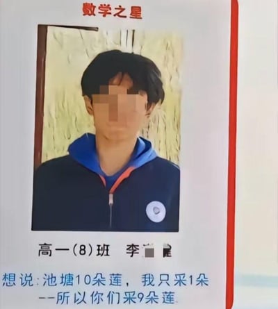 一张学校"数学之星"荣誉证书的照片，上面有高一(8)班学生李[名字部分模糊]的照片，照片中人物穿着深色外套，外套上被P上了抖音(DOUYIN)的logo。证书下方有一段文字："想说：池塘10朵莲，我只采1朵--所以你们采9朵莲"。这张图片通过在正式的荣誉证书上添加不合时宜的抖音logo制造幽默效果，形成反差萌。
