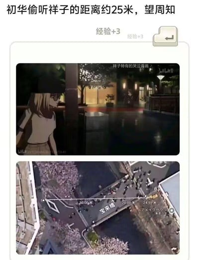 这是一张网友自制的二次元考据梗图，由上下两张图拼接而成：上方是动画《Lycoris Recoil（莉可丽丝）》的正片截图，画面左侧是躲在暗处的初华，远处是正在哭泣奔跑的祥子；下方是该动画取景地——日本东京宝来桥附近的地图测距画面，通过地图工具测出两者的实际距离约24.55米，接近25米。图上方配文“初华偷听祥子的距离约25米，望周知”，用现实考据的方式吐槽动画里初华在如此远的距离还能偷听祥子的不合理剧情，玩动画设定的梗。