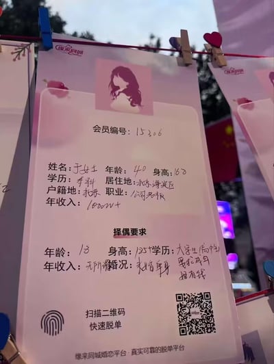 这是一张线下相亲活动中展示的「缘来同城」婚恋平台会员信息卡，会员为于女士（编号15306）：40岁、身高162cm、本科学历，北京海淀区居住、北京户籍，职业是公司老板，年收入达1800w+。
她的择偶要求十分醒目：年龄18岁、身高185+的未婚单身成年男性，学历为大学生（偏年轻），年收入无要求，还手写补充了「要求成年 要有钱」。信息卡为粉色温馨风格，用夹子固定在绳上，背景可见其他相亲信息卡与户外环境。