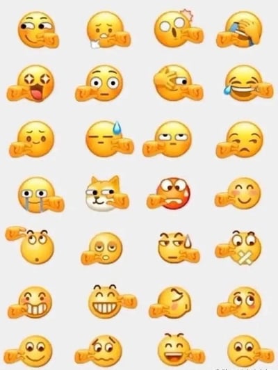 一张包含24个黄色圆形emoji的九宫格图片，每个emoji都做出捏手指手势，但表情各不相同。表情包括眨眼、流泪、惊讶、开心、困惑、生气等多种情绪，其中第四行第二列是一个猫脸样式的emoji。